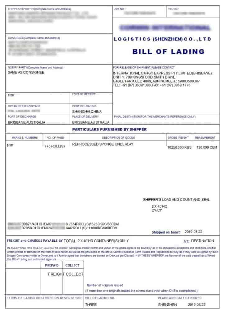 House WayBill of Lading