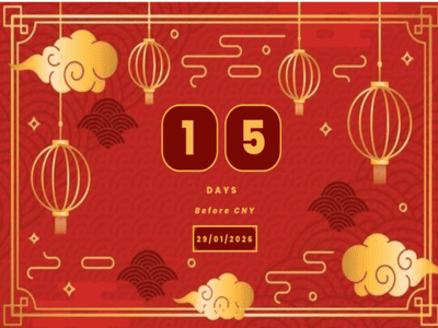 Chinese New Year 2026 decorations and lanterns with text 15 days before CNY