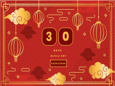 Chinese New Year 2026 decorations and lanterns with text 30 days before CNY
