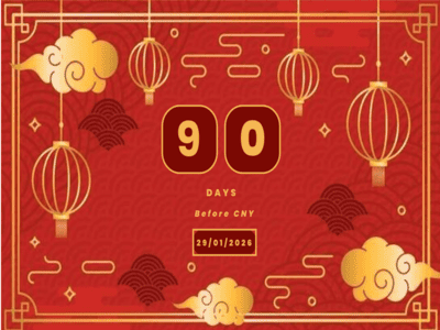 Chinese New Year 2026 decorations and lanterns with text 90 days before CNY