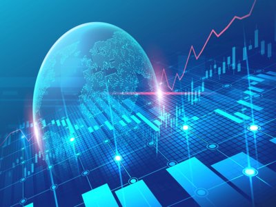 world economy illustration with globe and charts